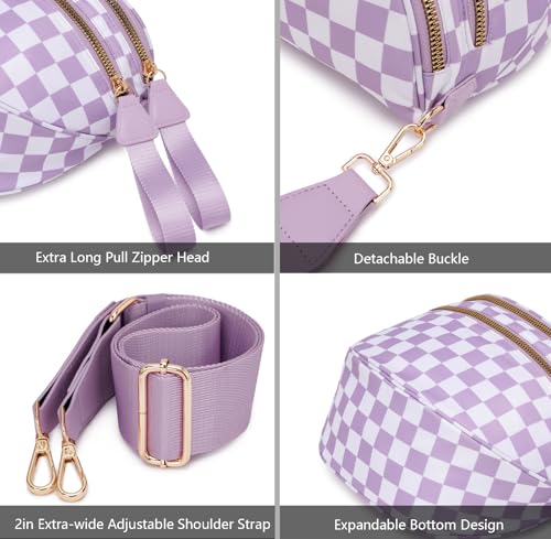 Pure Colour Crossbody Bum Bags for Women Spacious Checkered Cross body Bag Nylon Trendy Fanny Pack for Travel - color: Light Purple Checkered