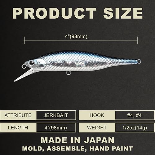 LUCKY CRAFT Lightning Pointer 98XR, Freshwater Bass Fishing Lures and Walleye Fishing Lures, 4" Slow Sinking Jerkbait, 6-7ft Depth, Largemouth Smallmouth, Tournament Fishing Gear - color: 052 Aurora Black