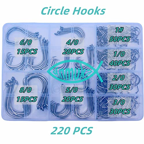 Circle Hooks Fishing Hooks 2X Strong 170PCS/Box|220PCS/Box Octopus Catfish Fish Bulk Fishing Hooks Set Saltwater Freshwater Gear Equipment#1 1/0 2/0 3/0 4/0 5/0 6/0 8/0 10/0 - color: BLACK-220PCS