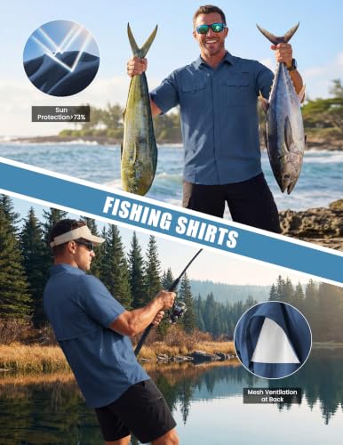 WULFUL Men's Sun Protection Fishing Shirts UPF 50+ Lightweight Quick Dry Cooling Short Sleeve Shirts for Work Hiking Safari - color: Blue, size: Small