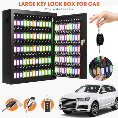 Nebakne 125 Position Key Cabinet Wall Mount with Anti-Theft Deposit Key Slot, Key Box Organizer with Key Hooks & 125 Tags Key Labels, Key Safe for Hotels & Office & Companies & Car Dealerships - color: Black, size: 125 Key Hook
