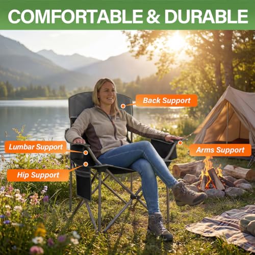 Oversized Camping Chairs 2 Pack - Heavy Duty 400LBS Padded Lawn Chair with Cooler Bag,Cup Holder,Side Pocket,Collapsible for Outdoor,Camp,Fishing & Garden,Black - color: Black