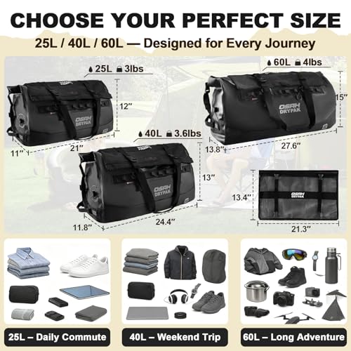 OSAH DRYPAK Waterproof Duffel Bag 25L/40L/60L – Heavy-Duty Motorcycle Tail Bag, Roll-Top Dry Bag for Travel, Camping, Boating, Kayaking, Outdoor Adventure - color: BLACK, size: 60L