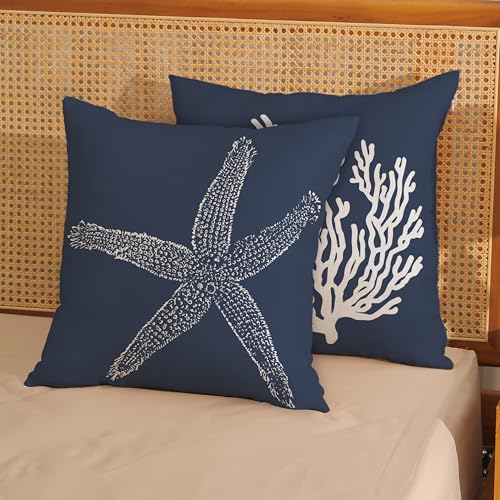 Navy Blue Coastal Pillow Covers 16x16 Inch Set of 2 Nautical Blue Starfish Coral Throw Pillows Spring Summer Beach Ocean Pillowcases Linen Outdoor Decorative Cushion Covers for Bed Sofa Couch - color: Navy Blue Starfish Coral, size: 16" x 16" (Pack of 2)