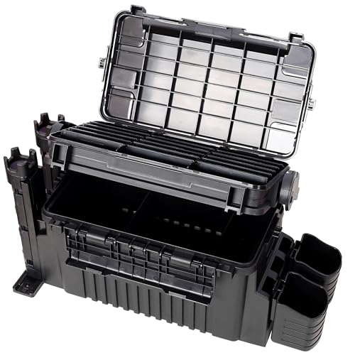 Dual-layer Fishing Tackle Box, Tackle Box Organizer Fishing Box Large, Plastic Portable Tackle Storage Box with 2pcs Rod Holder, 2pcs Cup Holder, 1pc Carring Strap - color: Black