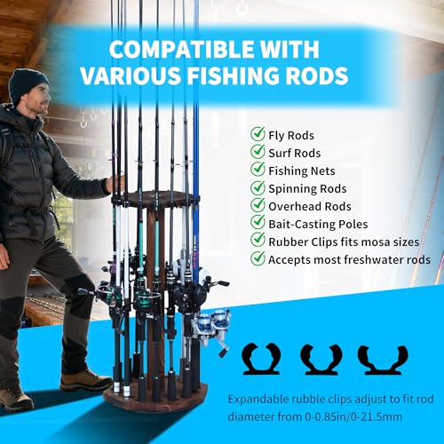 360° Rotating Natural Wood Fishing Rod Holder, Round Floor-Standing Fishing Rack Stores 16 Rods, Fishing Pole Storage Organizer for Garage, Basement, or Shed, Easy to Install - size: Round