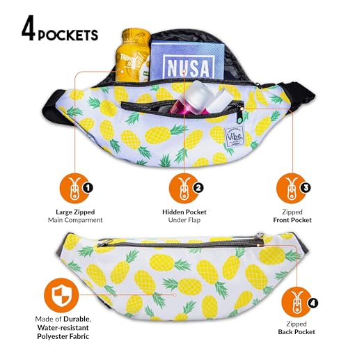 Vibe Festival Gear Rave Fanny Pack for Women Men – Festival, 4 Pockets, Adjustable Strap, Cute Waist Bag, Crossbody Belt Bag, Hiking, Running, Cycling - color: Pineapple, size: Fits Most