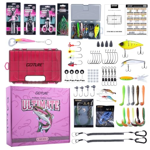 Goture Pink Fishing Kit, Fishing Lures with Tackle Box and Fishing Tool Kit Set for Women, Include Fish plier, Braid Scissors, Fishing Gripper with Gift box - color: Gift Boxed, size: Pink Tools Set + Lure Kit (NO CR-Gloves)