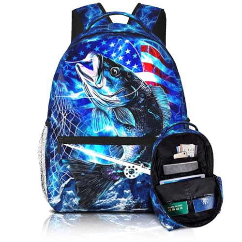 Bass Fish Backpacks for Kids Blue American Flag Schoolbag for Teenage Girls Boys Cute Children Book Bag for Preschool Kindergarten Bookbags Nursery Daycare Back to School Gifts - color: American Fish 01