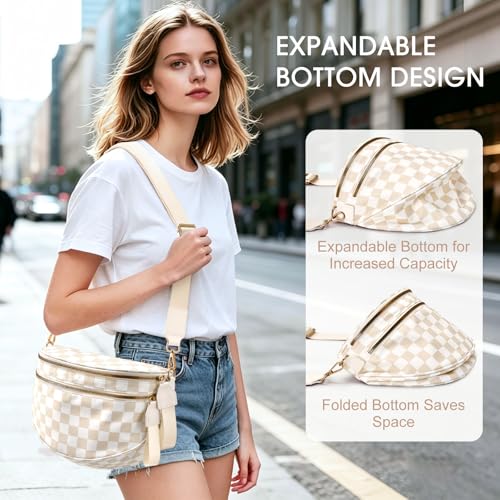 Checkered Nylon Crossbody Bag Bum Bag for Women Mom Large Checkered Fanny Packs with Adjustable Strap - color: Beige Checkered