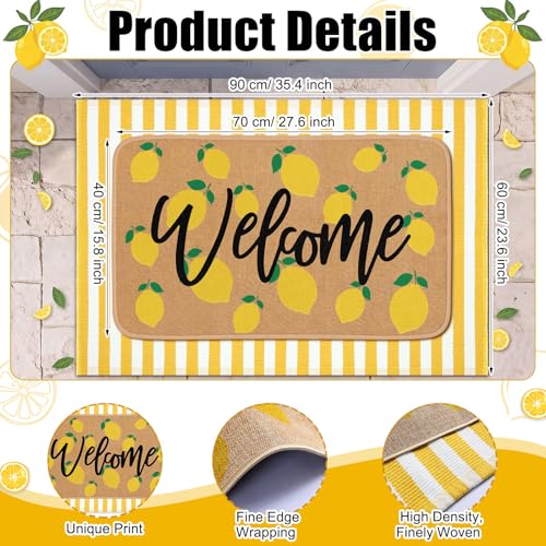 Tinideya 2 Pcs Summer Lemon Welcome Doormats Summer Lemon Outdoor Linen Rubber Door Mats Layered Yellow and White Striped Area Rugs Non Slip Italian House Decor for Indoor Entrance Porch Entryway - size: 16 x 28 Inch,24 x 35 Inch, style: Lemon Welcome