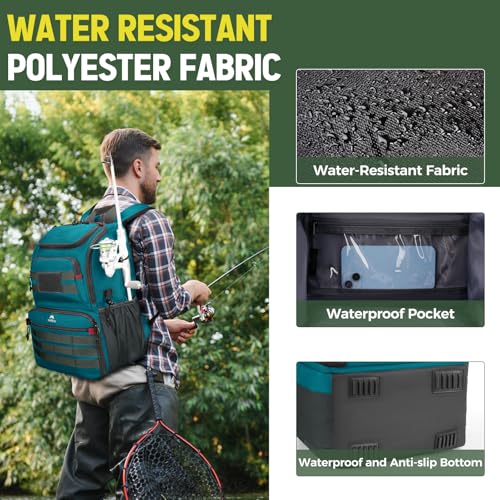 MATEIN Fishing Backpack Tackle Box, Water Resistant Tackle Backpack with Cooler & Rod Holders, Fishing Gifts for Men - color: Icy Blue & Grey