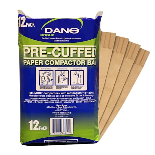 Dano Pre-Cuffed Paper Trash Compactor Bags (12 Pack) | Heavy Duty Kitchen Garbage Compactor Bags & Liners | 11 Gallon Precuffed Garbage Bag for Compactor | Eco-Friendly Trash Compactor Bag - size: 1 Count (Pack of 12)