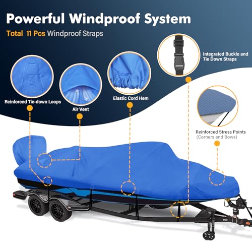 1200D Waterproof Boat Cover - Fits 16' to 18.5' ft Bass, V-Hull, Tri-Hull, Fish & Ski, Runabout Bowrider Boats - Heavy Duty Canvas Blue - color: Pacific Blue, size: Model B: Fits 16'-18.5' L X 94" Beam Width