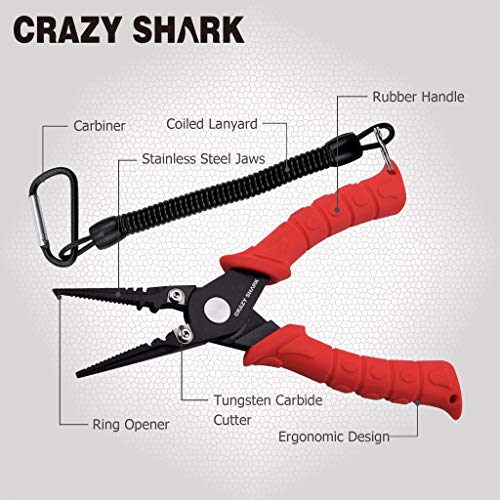 Fishing Pliers, Stainless Steel Fishing Tools, Saltwater Resistant Fishing Gear, Tungsten Carbide Cutters, Split Ring Pliers, Hook Remover with Coiled Lanyard and Sheath - color: Red - 6" Split Ring Nose