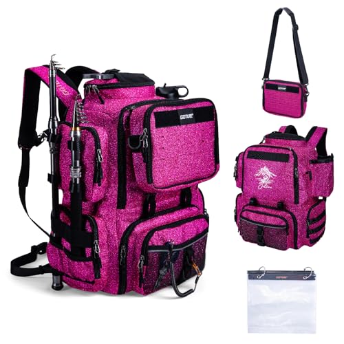 Goture Fishing Backpack, 900D Water-Resistant Tackle Backpack with Rod Holders, 58L Large Storage Gear Fishing Tackle Bag with Detachable Crossbody Bag,8 Lure Pockets,Bottle Holder for Camping Hiking - color: Bling Pink