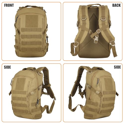 Small Tactical Hiking Backpack, 12L MOLLE Bookbag Daypack for Travel | MOLLE webbing expands carry options;compact,lightweight design fits hiking,school,camping,travel and daily use - color: Tan