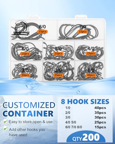 UCEC Circle Hooks Fishing Hooks 2X Strong Offset Circle Hooks Saltwater Black High Carbon Steel Octopus Catfish Hooks Fishing Gear Tackle 150pcs/ 240pcs - Size:#1 1/0 2/0 3/0 4/0 5/0 6/0 8/0 - color: Silver Assortment, size: 200pcs,1/0 2/0 3/0 4/0 5/0 6/0