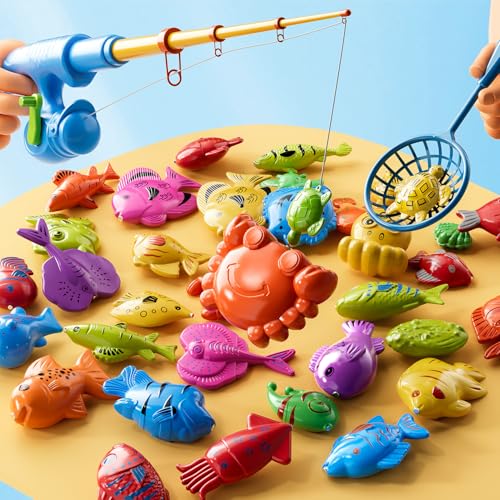 Magnetic Fishing Game Toys for Kids Toddlers 3-5 4-8, Water Table Bathtub Toys with Pole Rod Net Plastic Floating Fish, Water Bath Pool Outdoor Toys for Kids Toddlers Baby Age 3 4 5 6 7 8 Year Old - style: 35Fish+2Rod+2Net