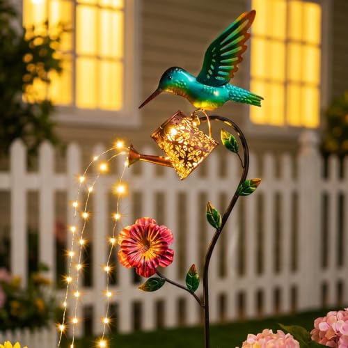 36 Inch Solar Hummingbird Lights, Solar Garden Decor with Watering Can Lights, Hummingbird Hanging Lantern Outdoor Decoration for Outside Yard Patio Porch Lawn Backyard, Birthday Gifts for Mom Women - color: Hummingbird Water Can