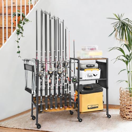 Olakee Fishing Rod Holders, Rolling Fishing Rod Rack for Garage & Boat, Tackle Box & Reel Holder Cart, Easy Assembly Fishing Gear Management System, Ideal Birthday Gift for Men Dad Anglers - color: 16 Rods,Carbonized Black