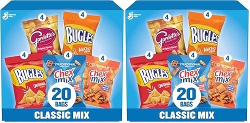 Classic Mix Snack Variety Pack, Bugles Original and Nacho Cheese, Gardetto's Original Recipe, Chex Mix Traditional and Cheddar, 20 Ct, 28 oz, (Pack of 2) - size: 28 Ounce (Pack of 2)