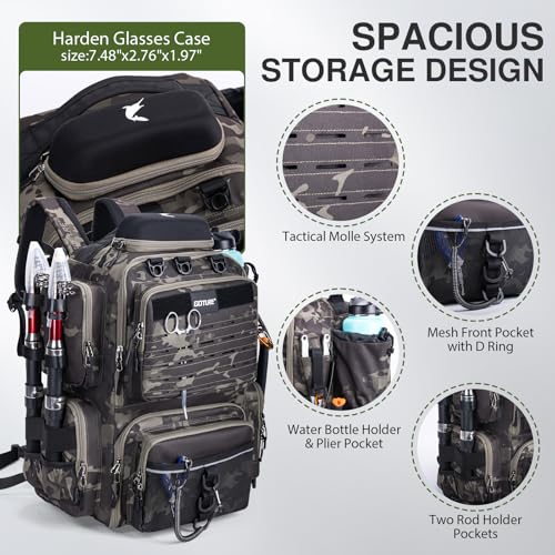 Goture Fishing Backpack, 900D Water-Resistant Tackle Backpack with Rod Holders, Hard Sunglasses Case, 45L Large Storage Gear Tackle Bag with Rain Cover, Bottle Holder for Travel Camping Hiking - color: A1:camo 17#, size: Without Tackle Boxes