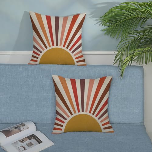 Summer Pillow Covers 16x16 Inch 2 Pcs Boho Red Brown Yellow Sunshine Outdoor Decor Throw Pillows Stripes Rainbow Sun Farmhouse Holiday Decoration Pillowcase Linen Cushion Cover for Couch Sofa - color: Boho Sun 02, size: 16" x 16" (Pack of 2)
