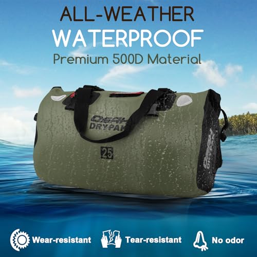 OSAH DRYPAK Waterproof Duffel Bag - Motorcycle Dry Bag Tail Bag with Large Storage Space, Waterproof Luggage Duffle Bags with Outer Mesh Zipper Pocket for Camping, Kayaking, Fishing & Traveling - color: Olive, size: 25L