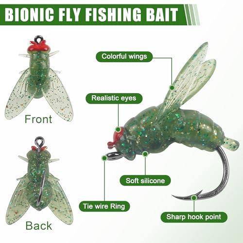 Bionic Fly Fishing Bait, Flies Fishing Lures Kit Trout Jigs Swimbaits Dry Flies Fly Fishing Lures Fish Attractant Fly Fishing Hook for Saltwater Freshwater Bass Panfish 15mm - color: Green-18pcs