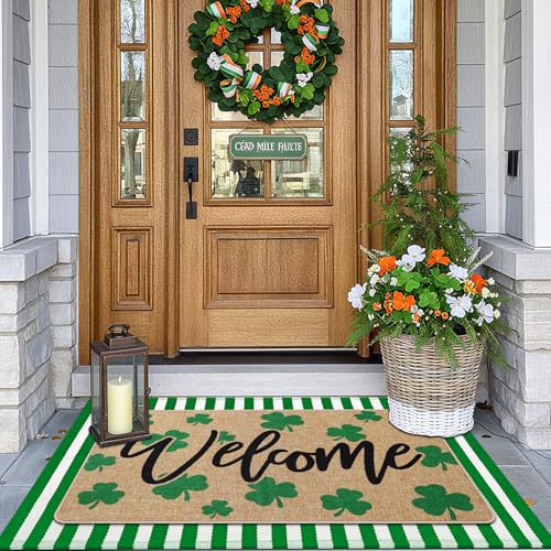 Tinideya 2 Pcs St. Patrick's Day Doormats Welcome Outdoor Irish Shamrock Lucky Clover Door Mats Layered Front Door Rugs Non Slip Floor Mats for Porch Entryway Outdoor - size: 16 x 28 Inch,24 x 35 Inch, style: Shamrock