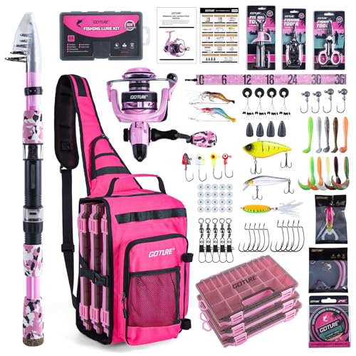 Goture Pink Fishing Rod and Reel Combo - ML Action Spinning Reel Pole with Pink Bag - Telescopic Rod Kit for Starter Travel Saltwater Freshwater, Gift for Woman - color: Pink Pole - Sling Bag with 3600 Trays, size: 7FT/2.1M