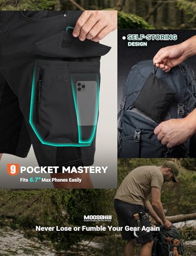 Moosehill Men's Hiking Cargo Shorts: Quick Dry Lightweight Stretch Outdoor Fishing Camping with 9 Pockets (Self-Storing) - color: Black, size: 30