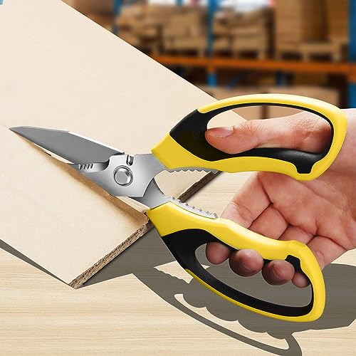 BoFuYuan Utility Scissors Heavy Duty: 8-Inch sharp Scissors All Purpose heavy duty, Serrated Blades Cut Carpet, Cardboard, Wire, Leather, Fabric, Multipurpose Shears for Kitchen, Garden, Office, Craft - color: Yellow