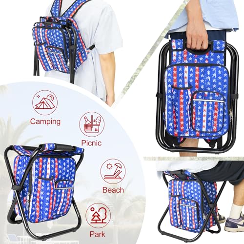 Kikerike Backpack Stool Cooler Chair Heavy Duty 300 LBS Max Load Portable Lightweight Stool Backpack Folding Fishing Cooler Seat for Camping Hunting Fishing - American Flag - color: American Flag