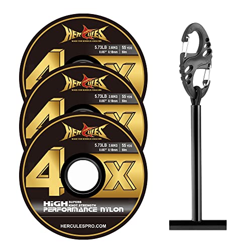HERCULES Fly Fishing Tippet 3 Pack with Fly Tippet Holder, 55 Yards - color: Clear nylon tippet 3pcs with tippet bar, size: 4X