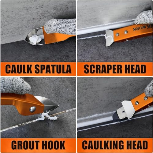 THINKWORK Caulking Tool Kit, 4 in 1 Caulk Remover Tool, Stainless Steel Caulk Tool for Kitchen Bathroom Window Sink Tile Joint, Orange - color: Orange