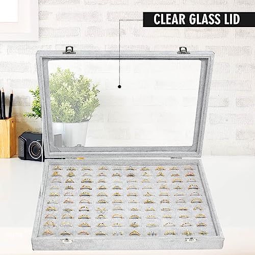 Ring Display Case Organizer Box with Transparent Lid, 100 Slot Ring Organizer Holder Showcase For Store Display Jewelry Show Home (Grey) - color: Grey, size: Ring tray