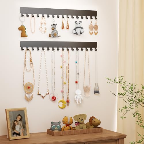 Bussdis Necklace Holder - Extended Hanging Jewelry Organizer, Self-Adhesive, Wall Mount, 2 Pack, Black - color: Black, size: 13.19 inch