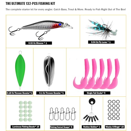 Fishing Lures Kit, 132Pcs Fishing Tackle Box with Fishing Gear Included – Crankbaits, Hooks, Jigs & Accessories, Freshwater Fishing Tackle for Bass Trout Walleye, Perfect Fishing Kit Gift