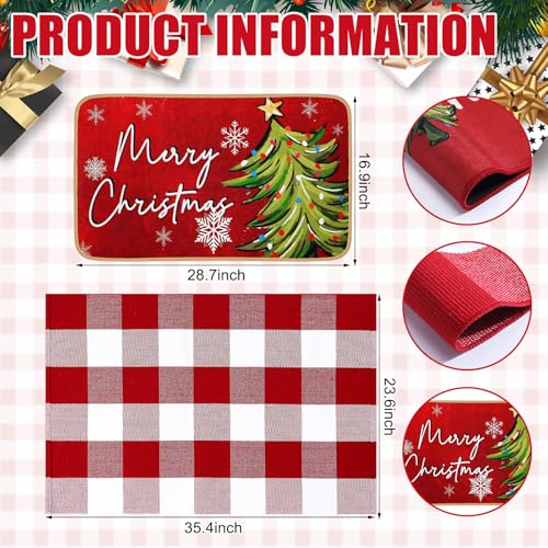 Tinideya 2 Pcs Christmas Door Mat Outdoor Whimsical Xmas Tree Front Doormat Nonslip Red and White Buffalo Plaid Layered Linen Rubber Xmas Rugs Merry Christmas Decor for Front Porch Entryway Outside - size: 16 x 28 Inch,24 x 35 Inch, style: Christmas Tree
