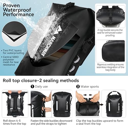 MARCHWAY Roll Top Waterproof Backpack, Floating Dry Bag 20L/30L/45L with Ergonomic Rectangular Base, Cushioned Back, Hip Strap for Hiking Camping Kayaking Travel (Black, 20L) - color: Black, size: 20L