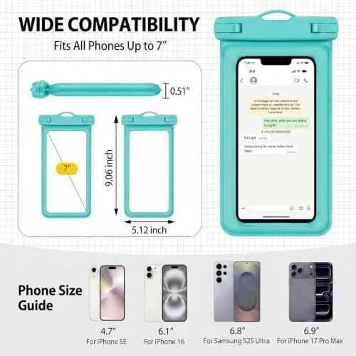 Floatable Waterproof Phone Pouch Case for iPhone 17 16 Pro Max/15/14, IP68 Travel Cellphone Dry Bag Beach Cruise Ship Essentials Bags with Crossbody Lanyard, Teal Green - 7″ - color: Teal Green