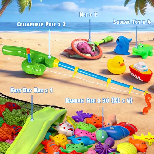 CozyBomB™ Magnetic Fishing Toys Game Set for Kids | Water Table Bathtub Kiddie Pool Party Pole Rod Net, Outdoor Plastic Floating Fish, Toddler Bath Color Ocean Sea Animals Birthday Gift Age 3-5 6 4-8 - size: 34 Fishes
