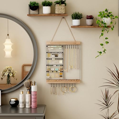 Feyejade Hanging Jewelry Organizer, 5-Tier Wall Earring Holder with Wooden Ring Groove, Jewelry Rack Wall Mounted for Earrings, Necklaces, Bracelets and Rings, Jewelry Holder Stand, Black - color: Black, size: Standard