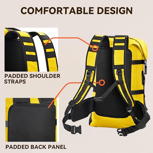 HEETA Dry Bags Waterproof Backpack 40L for Men & Women, Roll Top Heavy Duty Cushioned Hiking Backpack for Kayaking Boating Paddle Boarding Fishing Travel Camping Beach Vacation Cruise Ship Essentials - color: Yellow
