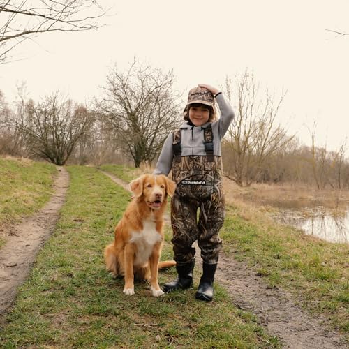 DaddyGoFish Neoprene Chest Waders for Kids and Adults, BootFoot, Fishing & Hunting with a Camouflage Caps, and a Wader Hanger - size: Age 12/13 Big Kid
