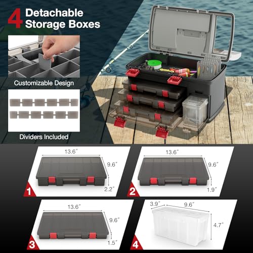 Goplus Large Tackle Box, Portable Fishing Storage w/ 3 Customizable Boxes & Side Storage, Double-layer Top Compartment, Premium Box for Tackle & Tool Organization