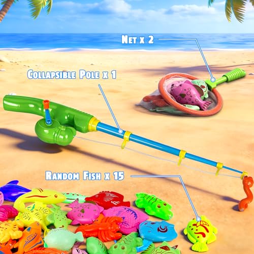 CozyBomB™ Magnetic Fishing Toys Game Set for Kids | Water Table Bathtub Kiddie Pool Party Pole Rod Net, Outdoor Plastic Floating Fish, Toddler Bath Color Ocean Sea Animals Birthday Gift Age 3-5 6 4-8 - size: 15 Fishes