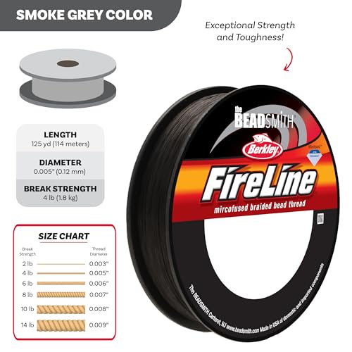 The Beadsmith Fireline by Berkley – Micro-Fused Braided Thread – 4lb. Test, .005”/.12mm Diameter, 125 Yard Spool, Smoke Grey – Super Strong Stringing Material for Jewelry Making and Bead Weaving - color: Smoke Grey, size: 4lb, .005", 125 yard
